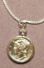Coin Pendant Silver VINTAGE MERCURY DIME Bezel Sterling Silver Plated 18” Chain