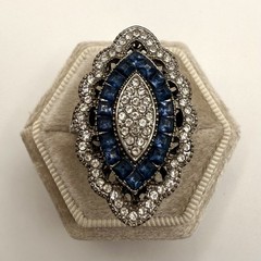 Vintage Art Deco Revival Blue Rhinestone Navette Cocktail Ring Silver Tone 9.75