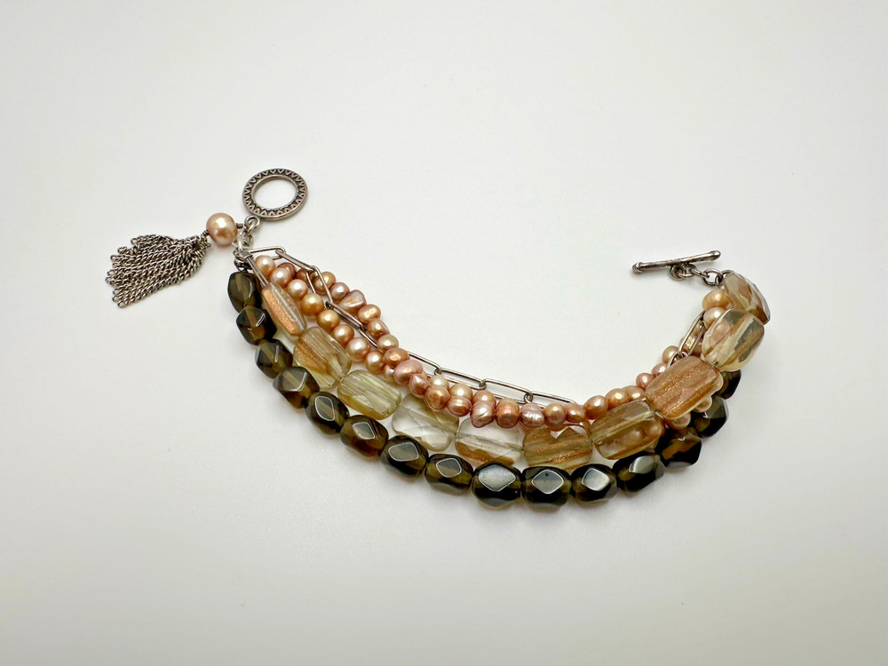 Vintage Sterling Silver Smoky Quartz Pearl 5 Strand Bracelet 8” JB23