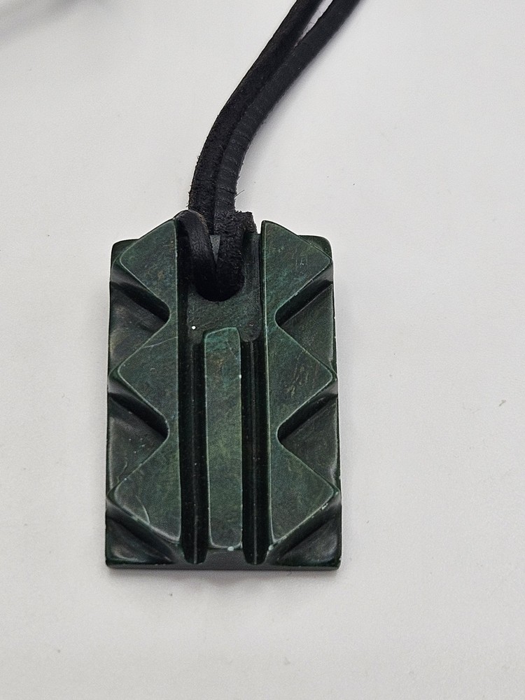 Vintage Carved Green Stone Pendant Leather Cord Necklace