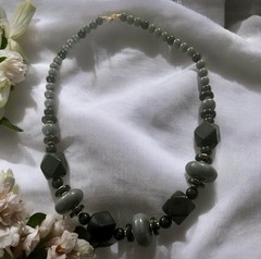 Vintage Modernist Geometric Chunky Statement 24”Necklace Black Gray Gold 1980s