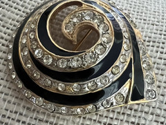Black & Rhinestone Gold Tone Swirl Brooch Angel Jewelry Co Stamped Vintage