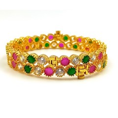Luxury Ruby Emerald CZ Bangle Set, 22k Gold Plated, Elegant Traditional Wear