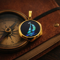Blue Morpho Butterfly Wing Sailboat Pendant Gold Tone Hexagon Vintage Charm