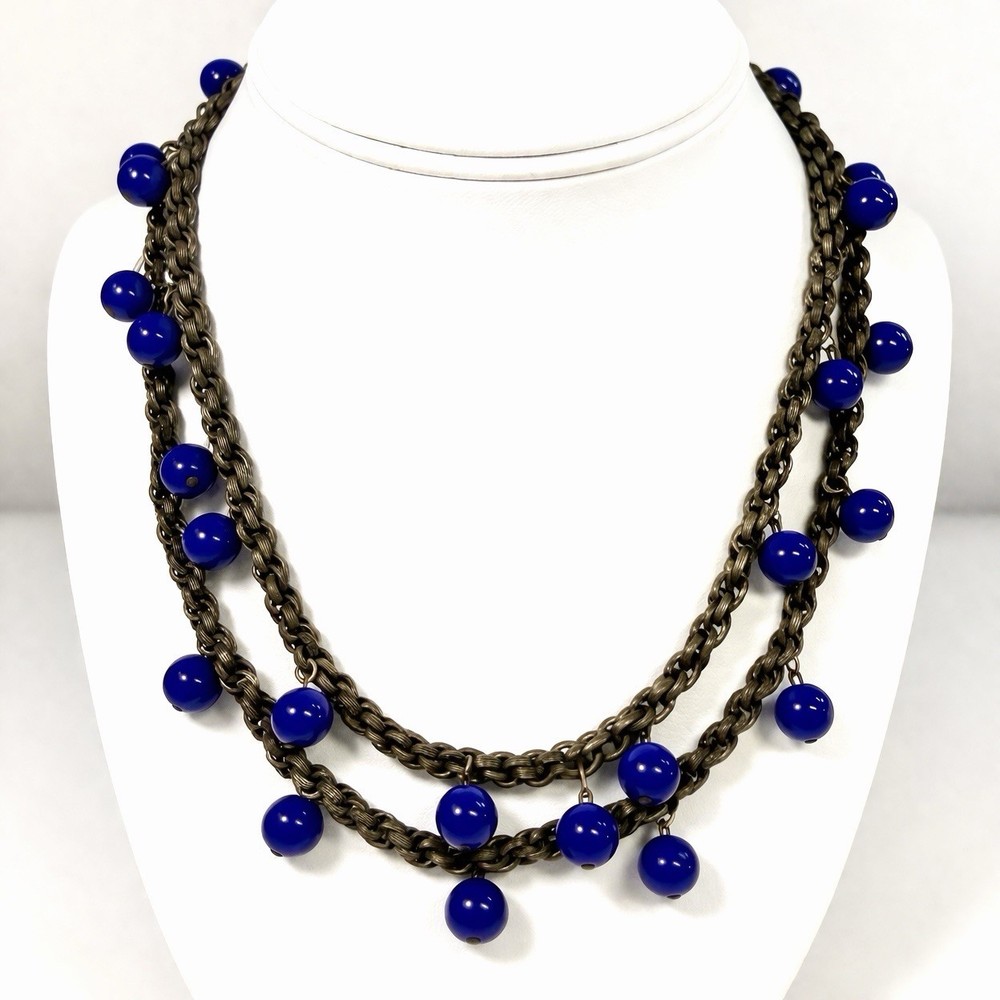 VTG Multi-Strand Bronze Toned Cobalt Blue Beaded Necklace Dangle Boho Chic 16″