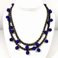 VTG Multi-Strand Bronze Toned Cobalt Blue Beaded Necklace Dangle Boho Chic 16″