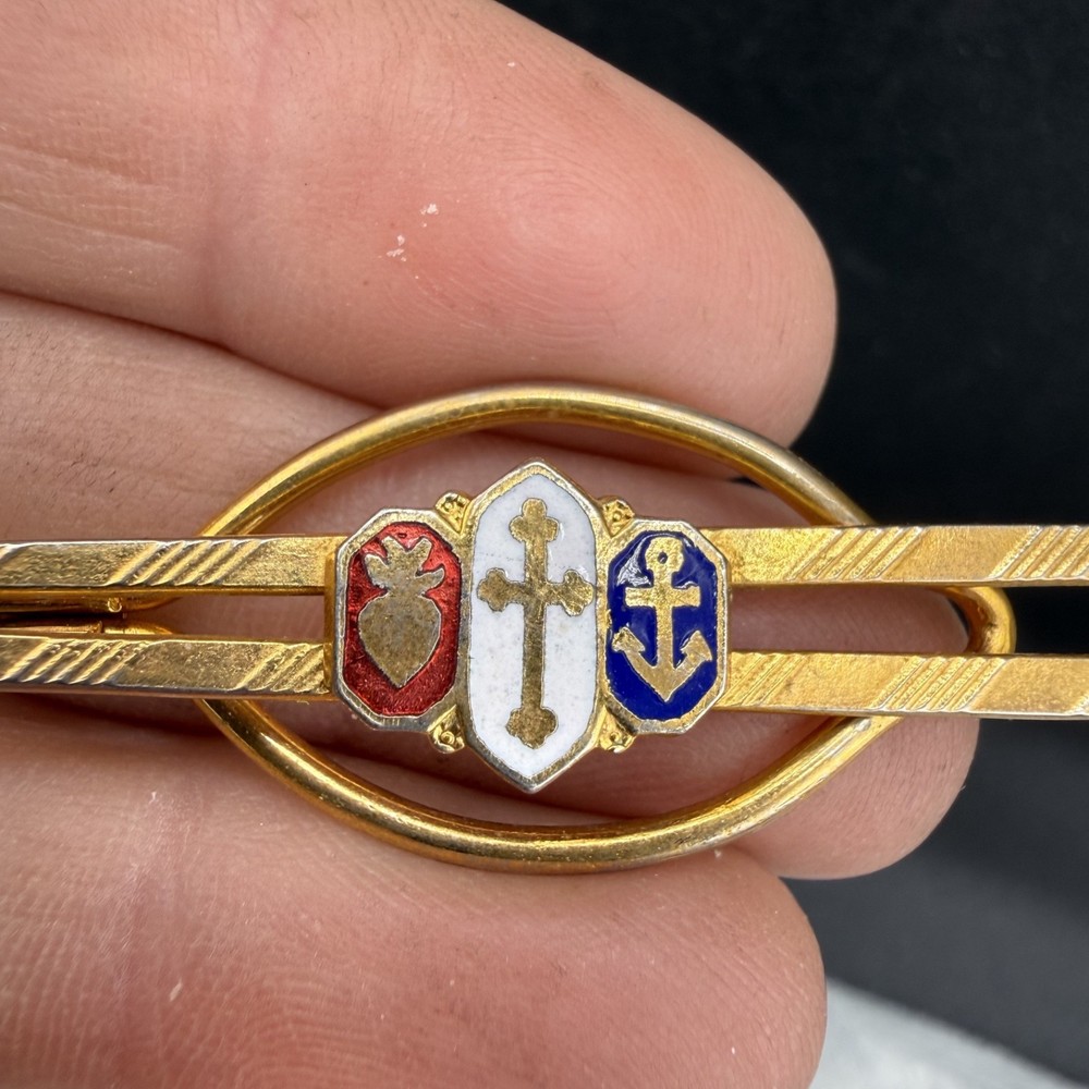 Vintage Tie Bar Gold Tone Religious Anchor Sacred Heart Cross Dad Gift