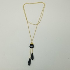 Vintage Trifari Black and Gold Tone Long Lariat Bolo Slide Chain Necklace