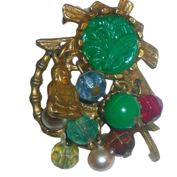 Vtg ART Arthur Pepper Asian Pagoda Dangle Earrings Faux Carved Jade Buddha