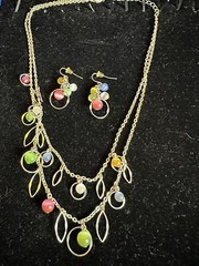 Silver tone Multi Strand color Beads w matching Pierced earring Set PreO Good