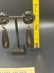 VTG MASHA ARCHER HAND CARVED ROSES/COW BONE. DANGLES OF TINTED BUFFALO HORN.