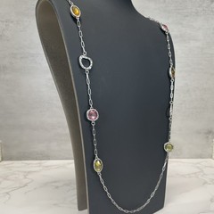 Lia Sophia Gumdrop silvertone necklace w/crystal stations in pink green & yellow