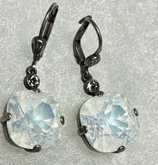 Vintage Glass Opal Rhinestone Silver tone Pierced Earrings, dangles 1.25″