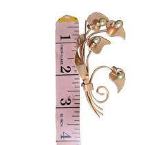 Large Rose Gold-plate Pearl Rhinestone Brooch Dimensional 3.25″ Mid-century