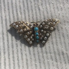 C1910 1920s Antique 15k / 15ct Gold Seed Pearl & Turquoise Butterfly Brooch Pin