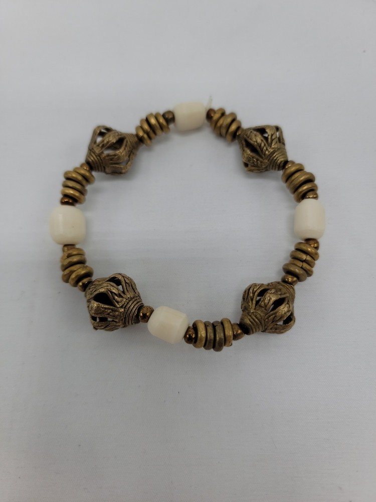 Vintage Gold And White Beaded Bracelet Ornate Gold Beads