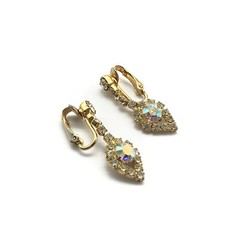 Vintage Clear & AB Rhinestone Gold Tone Sparkly Ladies Dangle Clip On Earrings