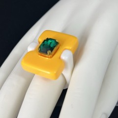 Modernist Lucite Ring Yellow Green Rhinestone Sz 7 Statement Chunky Post Modern