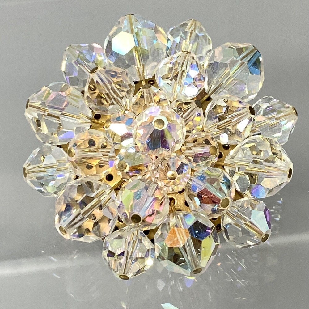 VTG Crystal Brooch Clear Cluster Aurora Borealis Faceted Gold Back Bling 1.75″