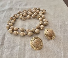 Ocean Jasper Vintage Beaded Beige Marbled Stone Necklace Pierced Earrings Set