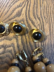 Vintage Earrings Lot 5 pairs Orange Black And Wood Gold Tone 3 Post 1 Clip On