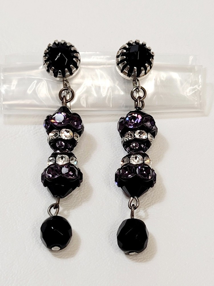 Vtg Clear Purple Rhinestone Black Glass Crystal Dangle Earrings Goth Victorian