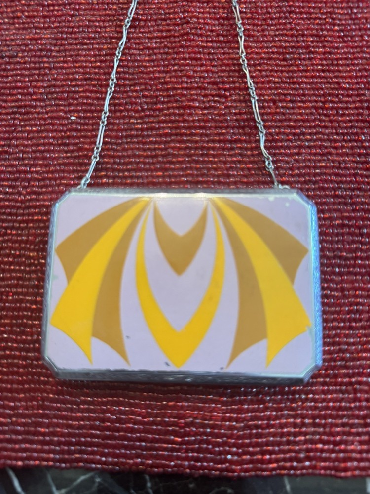 1920s Art Deco Enamel Compact Purse Mirror Powder Rouge Case w/ Chain Handle