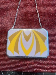 1920s Art Deco Enamel Compact Purse Mirror Powder Rouge Case w/ Chain Handle