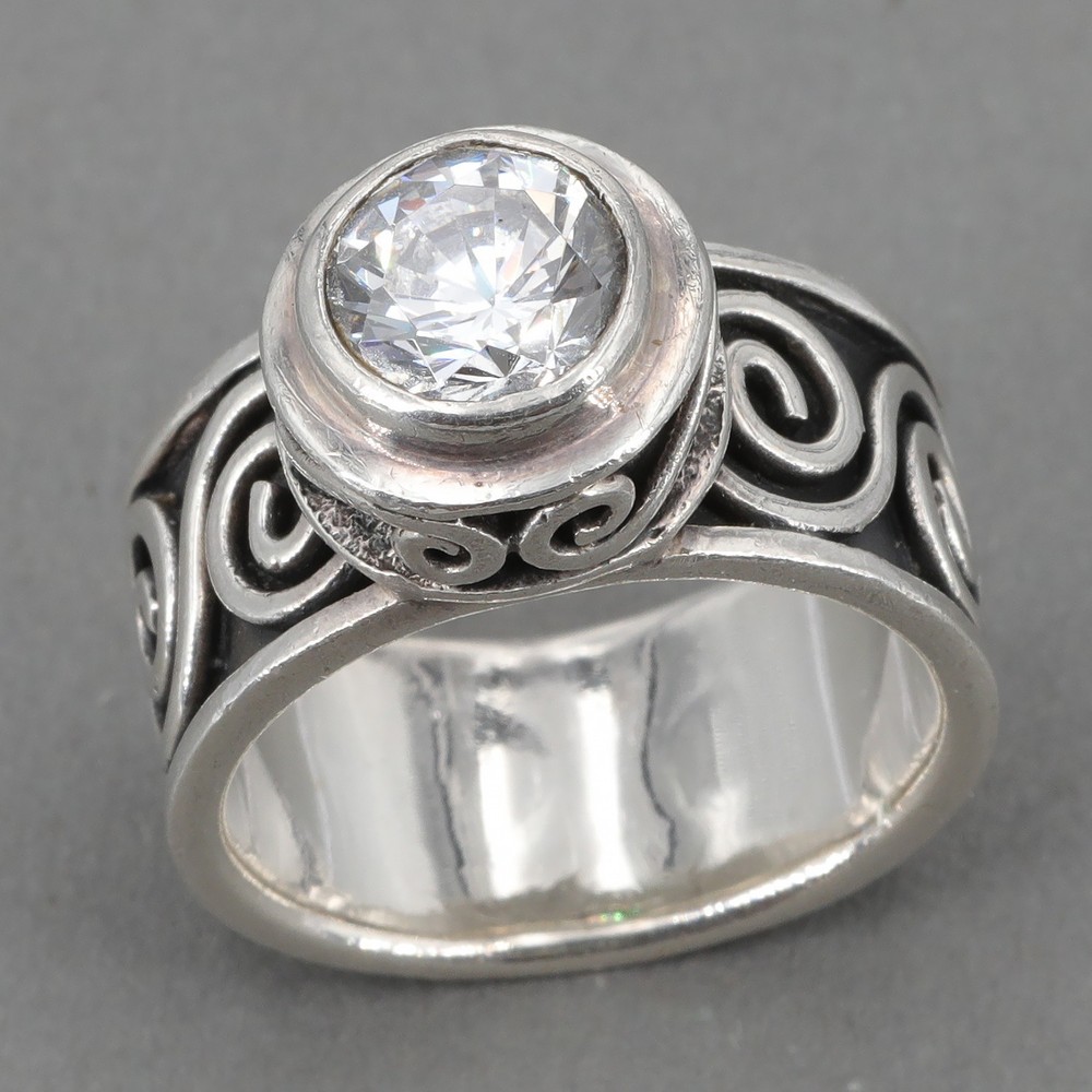 Vintage Silpada Oxidized Sterling Spiral Scroll CZ Solitaire Ring R1233 Sz 5.25