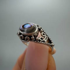 Vintage 925 Sterling Silver Abalone Shell Ring Filigree Boho Women Size 5.5