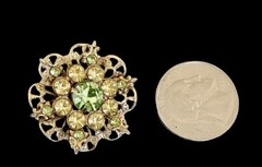 Vintage Gold Tone & Yellow Glass + Green Irradiated Glass Floral Brooch~1950s
