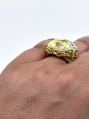 Vintage Gold Tone Faux Lizardite Adjustable Ring Gold White Green And Filigree
