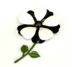 Vintage Enamel Flower Brooch Black White Green Stem 3.75 Inches
