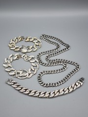 Career Mens Boys Jewelry Bundle Chunky Silver Tone Dragon Bracelet 30″ Chain