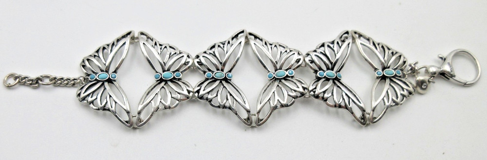 VTG MODERN? SIGNED FOSSIL 7.5″ butterfly STATEMENT bracelet blue silver tone mtl