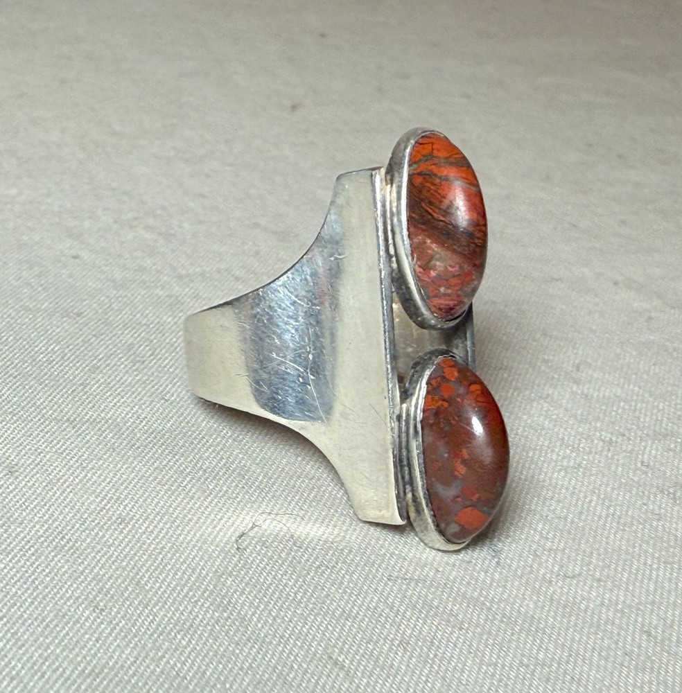 Vintage Sterling Silver red agate Stone Art Deco fine gem Jewelry Ring size 6