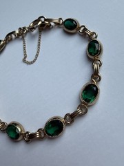 Vintage 1/20 12k Gold Filled Simulated Emerald Bracelet With Safety Chain 7.25in