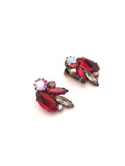 Vintage Austria Red-Grey and Aurora Rhinestone Brooch and Earrings Set