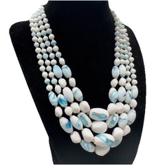 Vintage Multi 4 Strand Necklace Blue White Art Glass Beaded 17″ Choker Bib Japan