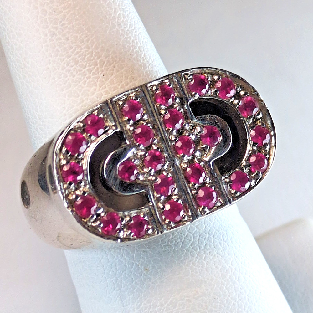Bold 925 Sterling Silver Geometric CD Logo Revolution Ruby Signet Ring Heavy 11g