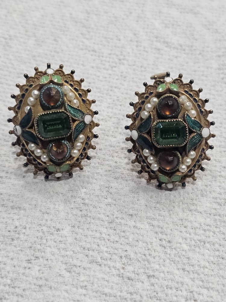 Hobe Costume Earrings Clip On Adjustable Green Center Stone