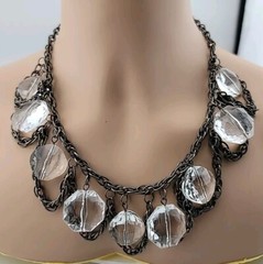 Cg Signed Gun Metal Gray Chain Acrylic And Glass Beaded 19″ Necklace