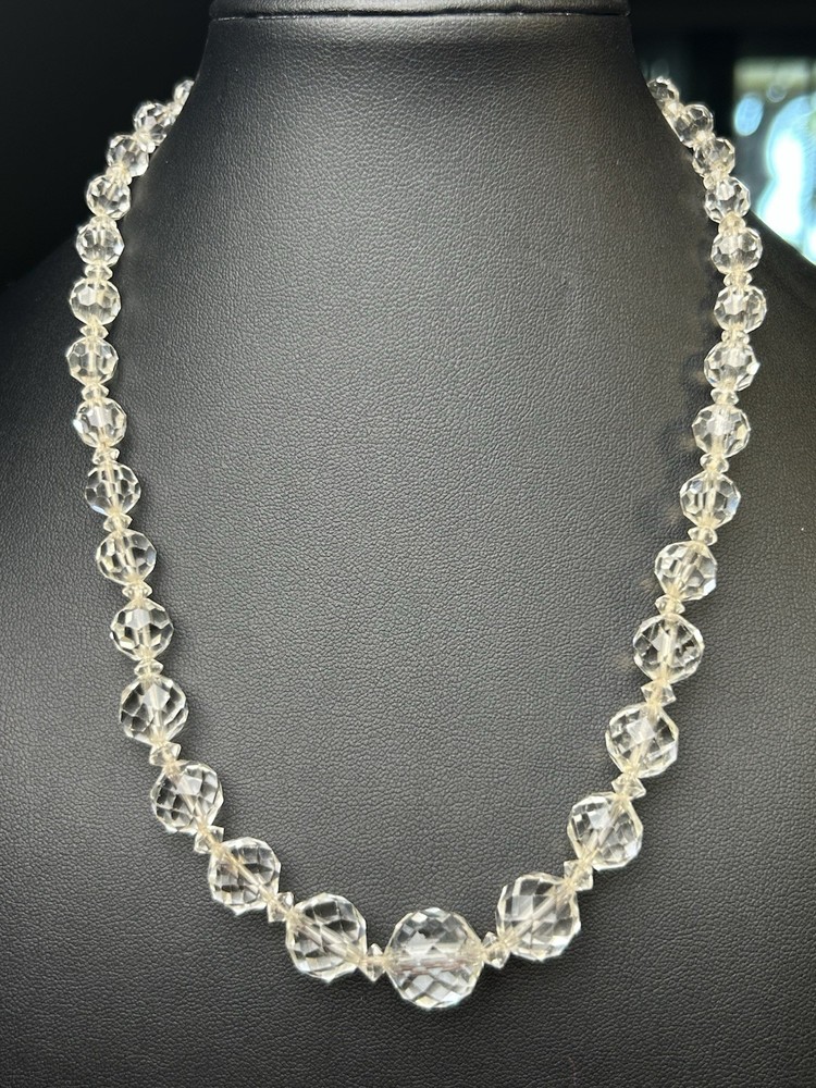 Vintage Rock Crystal Necklace Sterling Silver Clasp Graduated Stones 18”