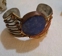 Lot 3 Vtg Unmarked Artisan Mixed Metal Cuff Bracelets Copper Brass Stone