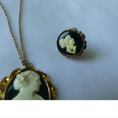 Vtg Cameo Necklace and Screw Back Earrings Set Gold Tone Black Rhinestone 3pc
