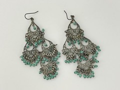 Vintage Filigree Chandelier Earrings Silver Tone Turquoise Beads 3.5in