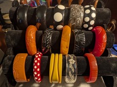 15 Vintage Carved Polkadot Colorful Lucite? Thermoset? Bracelets