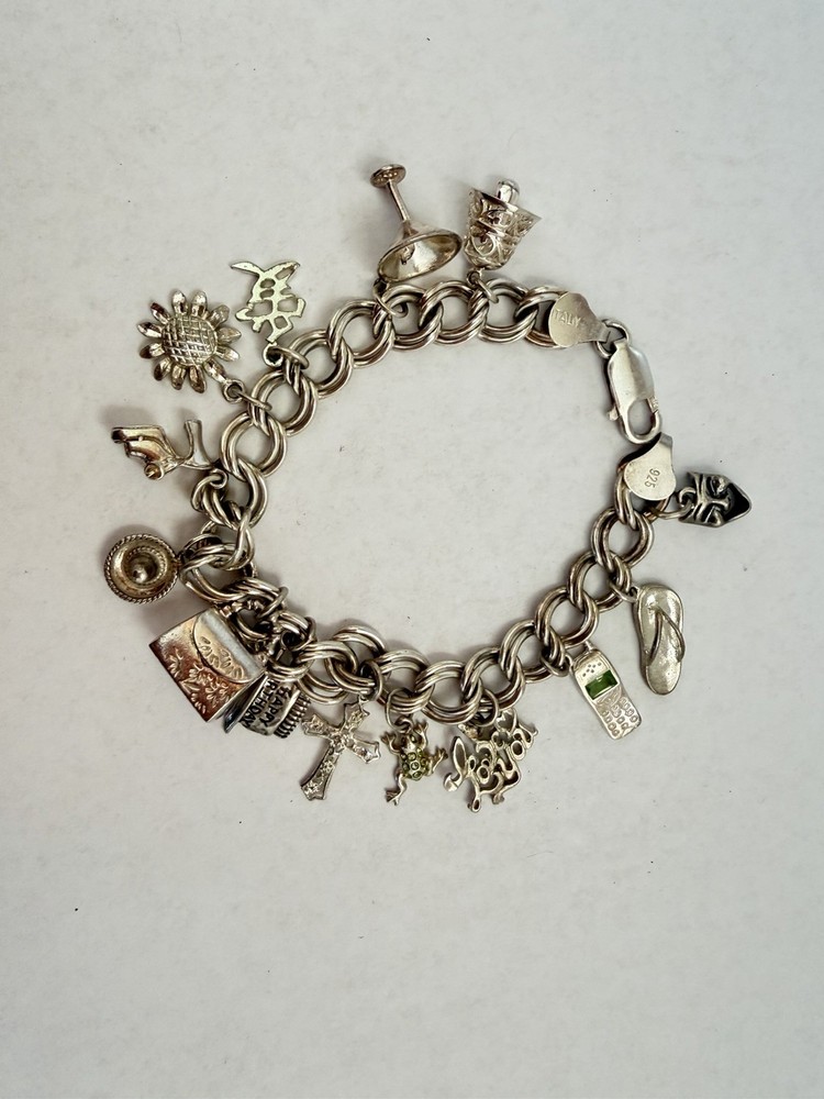 Vintage 925 Sterling Silver 14 Charms Bracelet Lobster Clasp See Pics 36g B8