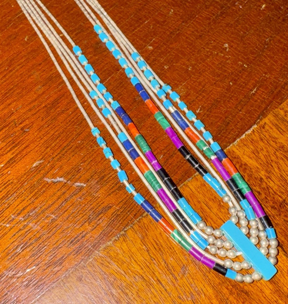 Vintage Navajo Sterling Silver Turquoise Coral Pearl Necklace, 17.5 in