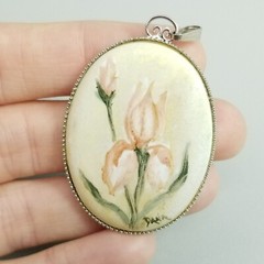 Vintage Pink and Green Painted Flower Pendant, Oval Silver Tone Setting, Signed